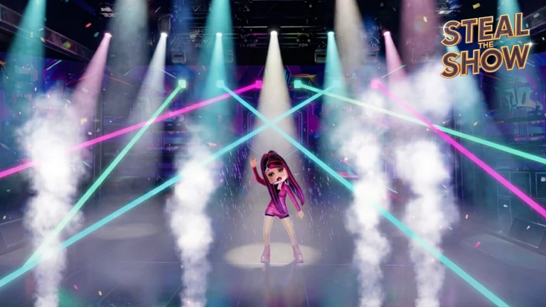 A player performing on the Steal the Show stage under spotlights, lasers and smoke